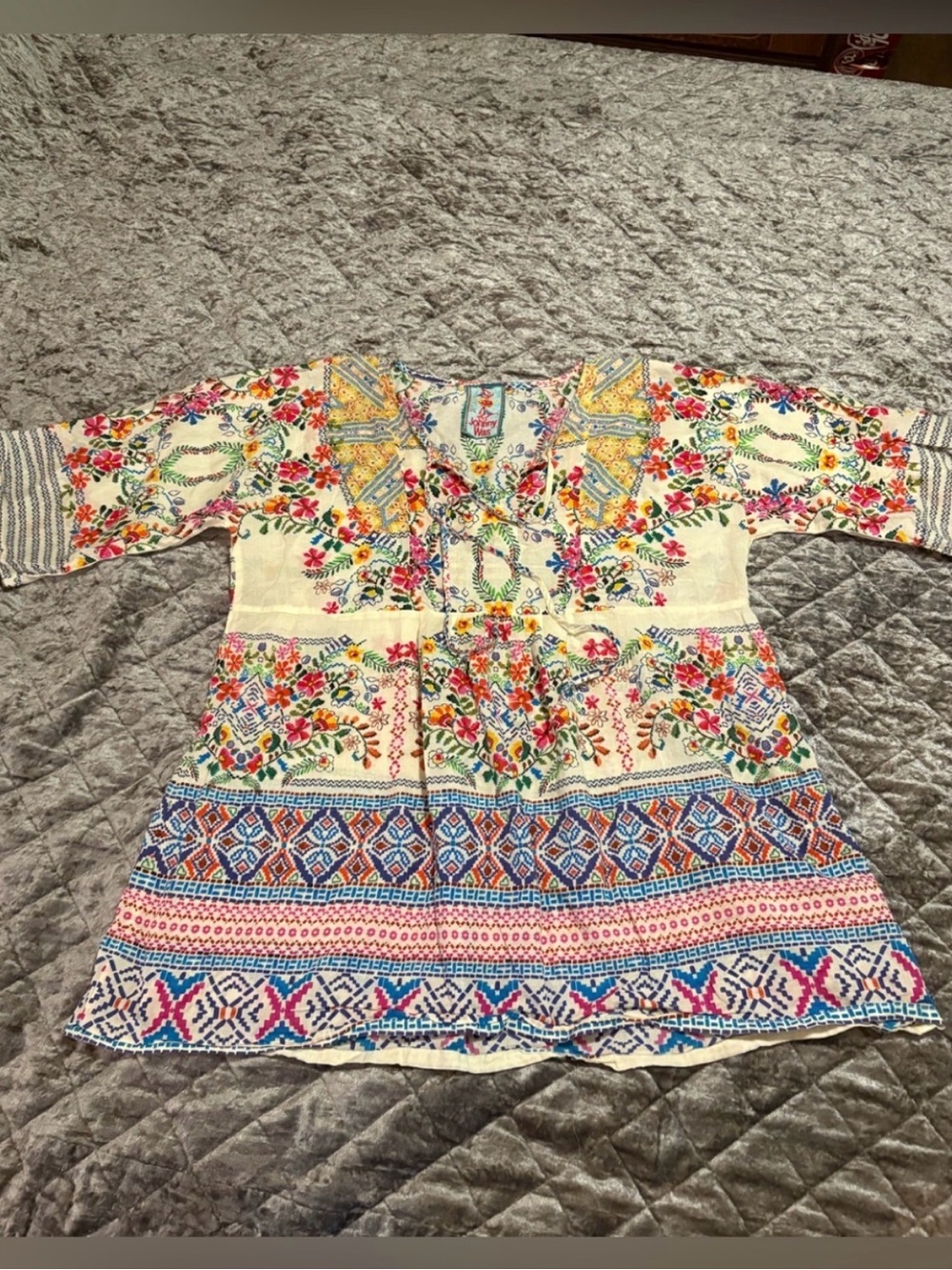 Johnny Was Floral Boho Tunic Top Size S Multicolor Cotton Peasant Blouse - Picture 2 of 6